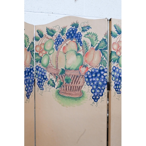 165 - A four-panel folding dress screen printed with fruit baskets on one side and oak leaf and acorn patt... 