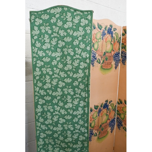 165 - A four-panel folding dress screen printed with fruit baskets on one side and oak leaf and acorn patt... 