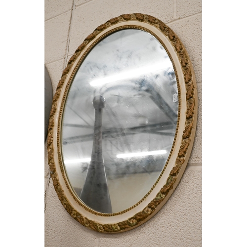 183 - French oval mirror in painted and gilded foliate frame, 67 x 53 cm to/w circular mirror in painted f... 