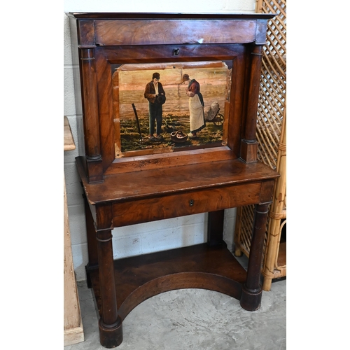 184 - #An antique escritoire with drop front panel between turned pillars