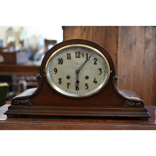 208 - A 1930s German Gustav Becker tambour cased mantel clock, triple train movement striking/chiming on f... 