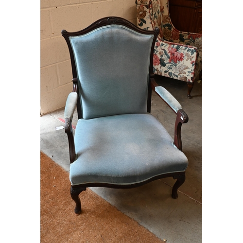 224 - #A stained carved walnut framed salon chair, light blue dralon fabric