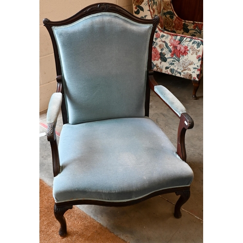 224 - #A stained carved walnut framed salon chair, light blue dralon fabric