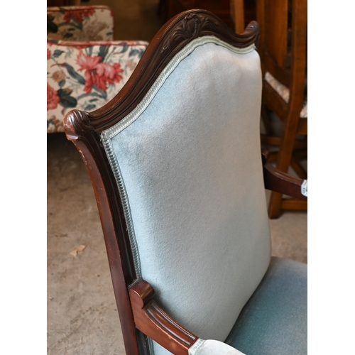 224 - #A stained carved walnut framed salon chair, light blue dralon fabric