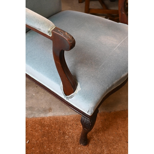 224 - #A stained carved walnut framed salon chair, light blue dralon fabric