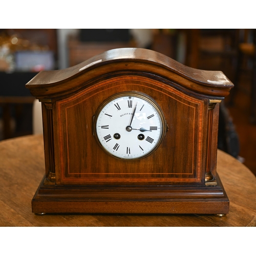 230 - #An Edwardian Walker & Hall Ltd French made mantel clock, inlaid mahogany arched case with brass... 