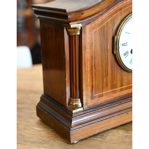 230 - #An Edwardian Walker & Hall Ltd French made mantel clock, inlaid mahogany arched case with brass... 