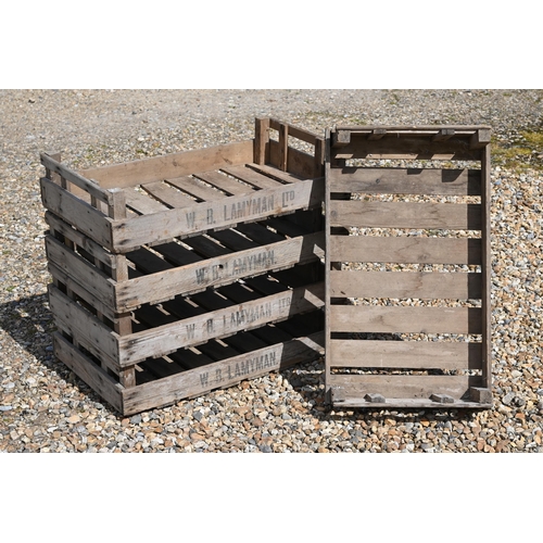 250 - Five Vintage 'W. B. Layman' wooden apple crates, 76 cm w x 45 cm d x 16 cm h to/w three galvanized p... 