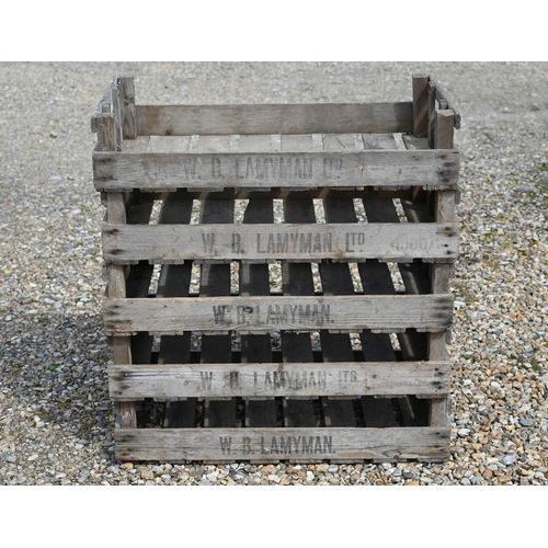 250 - Five Vintage 'W. B. Layman' wooden apple crates, 76 cm w x 45 cm d x 16 cm h to/w three galvanized p... 