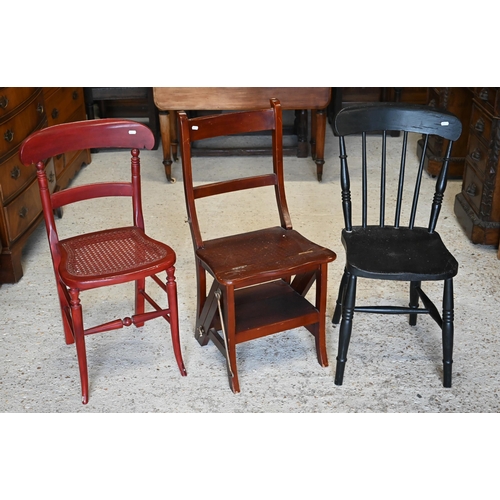 266 - # A set of stained beech folding/metamorphic library steps to/w two painted side chairs (3)