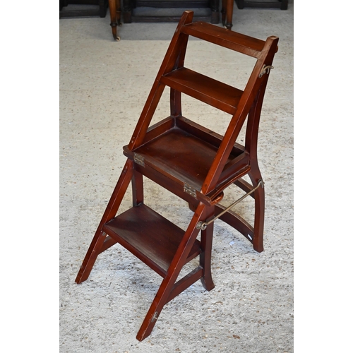 266 - # A set of stained beech folding/metamorphic library steps to/w two painted side chairs (3)