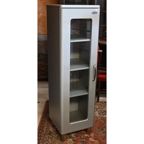 268 - #A modern grey painted 'Malibu' cupboard with glazed door, cylindrical chrome feet and three adjusta... 