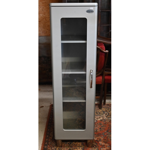 268 - #A modern grey painted 'Malibu' cupboard with glazed door, cylindrical chrome feet and three adjusta... 