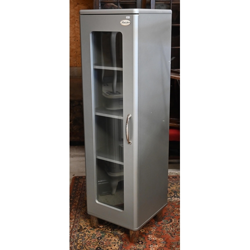 268 - #A modern grey painted 'Malibu' cupboard with glazed door, cylindrical chrome feet and three adjusta... 