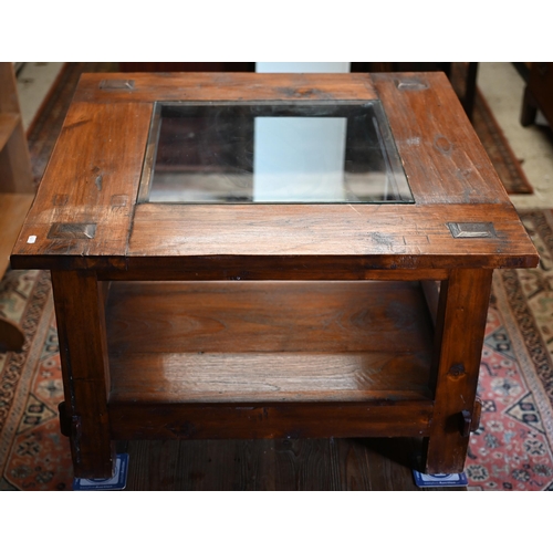 280 - #A rustic stained hardwood square coffee table with inset glass top and open under-tier, 80 x 80 x 5... 