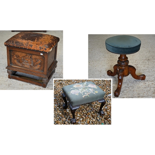 285 - An oak leather top box stool carved with 'Immaculata Gens' Welsh heraldic crest to front (unstained ... 