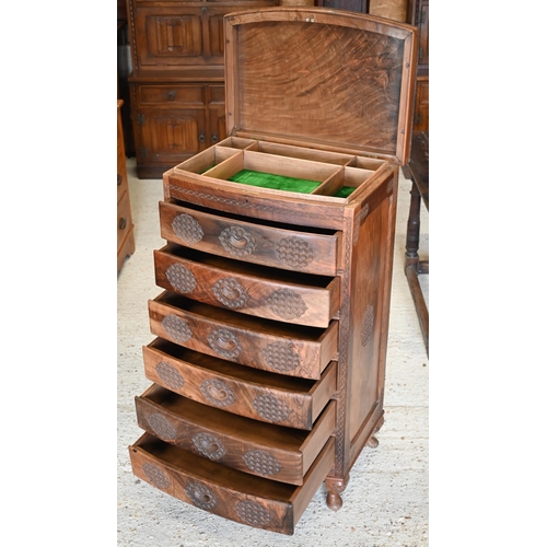 294 - An Anglo-Indian Sheesham wood bowfront tallboy with hinged top with green velvet lined compartmental... 