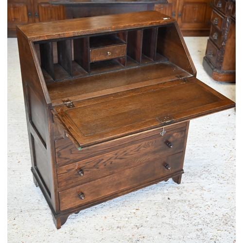 295 - A 'Jaycee Furniture' stamped oak bureau with carved linenfold panels in Tudor manner, 78 x 40 x 78 c... 