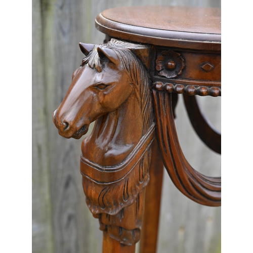 298 - A mahogany jardiniere stand on carved horse-head monopodia supports a/f, 110 cm h