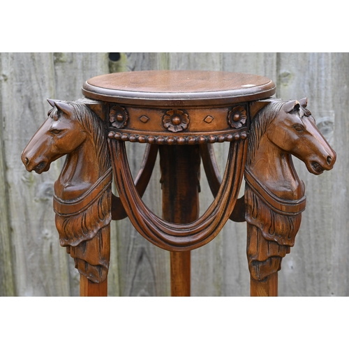 298 - A mahogany jardiniere stand on carved horse-head monopodia supports a/f, 110 cm h