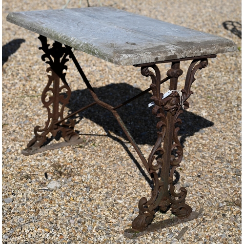 30 - A Victorian cast iron trestle table with associated marble top, 85 cm x 57 cm x 67 cm h