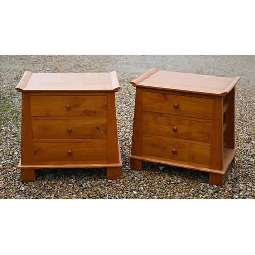 301 - A pair of Chinese influenced hardwood three drawer chests, 68 x 48 x 70 cm