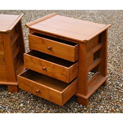 301 - A pair of Chinese influenced hardwood three drawer chests, 68 x 48 x 70 cm