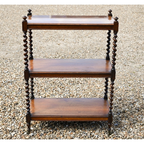 303 - A Victorian rosewood three-tier whatnot with barley twist pillars, short turned legs and brass casto... 