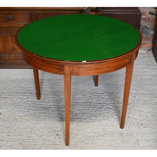 318 - #A 19th century mahogany folding demi-lune card table with baize lining, 92 x 45 x 70 cm h a/f