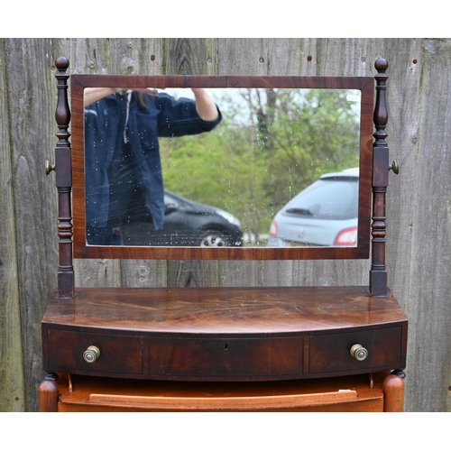 323 - Regency mahogany toilet mirror on three drawer bowfront platform base, 68 x 30 x 68 cm a/f