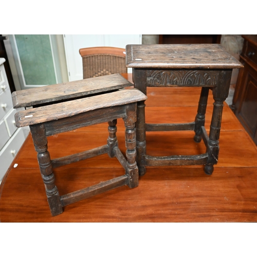 325 - An antique oak joint stool with lunette carved frieze, turned legs united by stretchers, 44 x 28 x 5... 