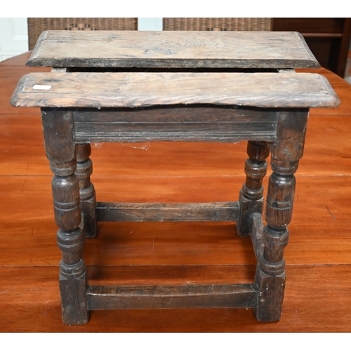 325 - An antique oak joint stool with lunette carved frieze, turned legs united by stretchers, 44 x 28 x 5... 