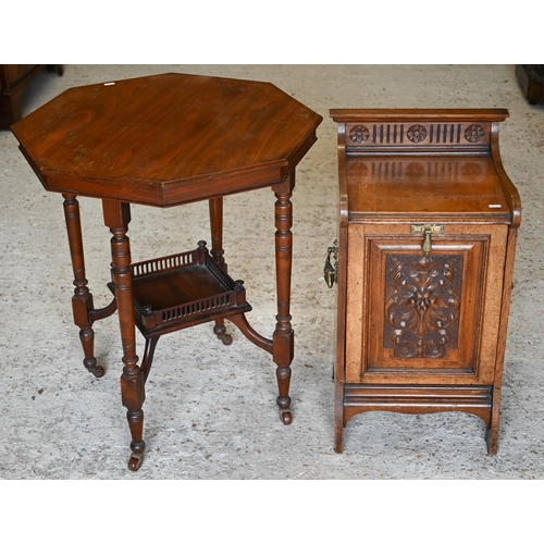 327 - A late Victorian carved oak 'Green Man'  purdonium to/w an octagonal occasional table (2)