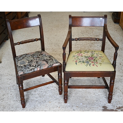 331 - A Regency mahogany rope-back carver chair with floral tapestry seat to/w a matching side chair (non-... 