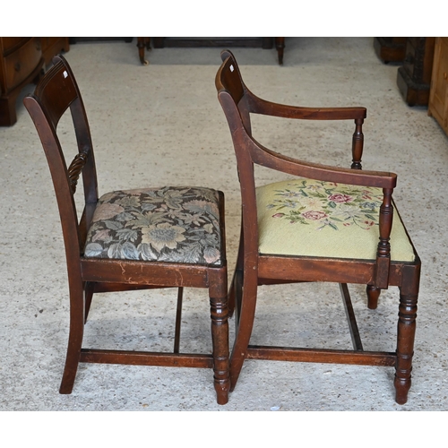 331 - A Regency mahogany rope-back carver chair with floral tapestry seat to/w a matching side chair (non-... 