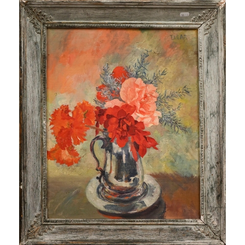 354 - R Elgar - Still life study with begonias in a tankard, oil on canvas, signed upper right, 50 x 39 cm... 