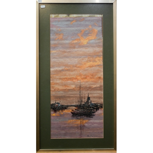 361 - #Paul Mann - Moored yachts, oil on canvas, signed, 40 x 80 cm; to/w two watercolour studies, harbour... 