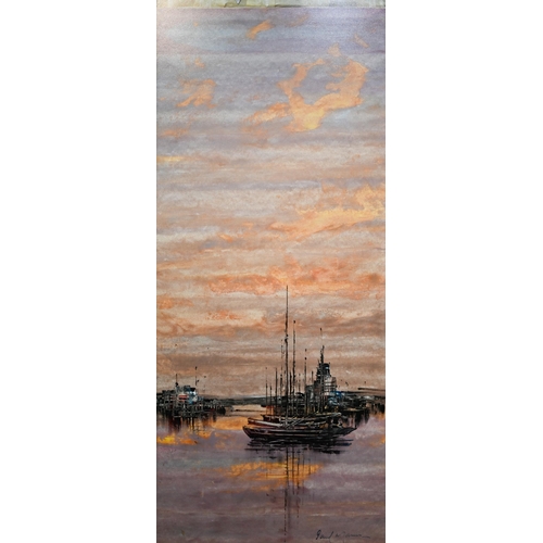 361 - #Paul Mann - Moored yachts, oil on canvas, signed, 40 x 80 cm; to/w two watercolour studies, harbour... 