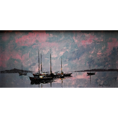 361 - #Paul Mann - Moored yachts, oil on canvas, signed, 40 x 80 cm; to/w two watercolour studies, harbour... 