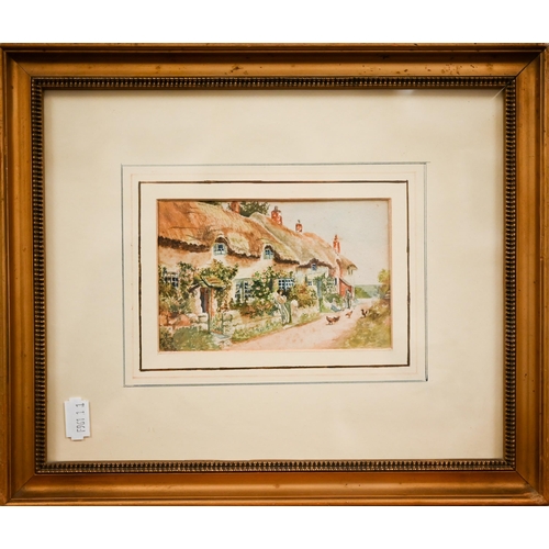 367 - Mixed watercolour pictures including A Chase - Thatched cottages, signed, 8.5 x 13 cm; H E Popham - ... 