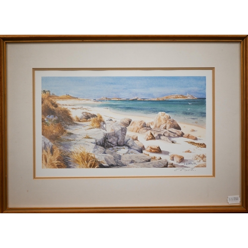 368 - A V Button - River view watercolour, signed and dated 1938, 14.5 x 28.5 cm; beach view print; Dougla... 