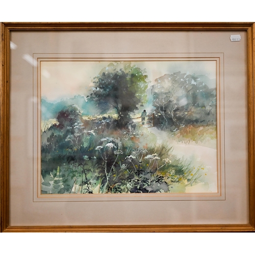 382 - #Wendy Jelbert - A trio of watercolour views - 'Reflections', 'Over the stile', and 'Country Walk', ... 