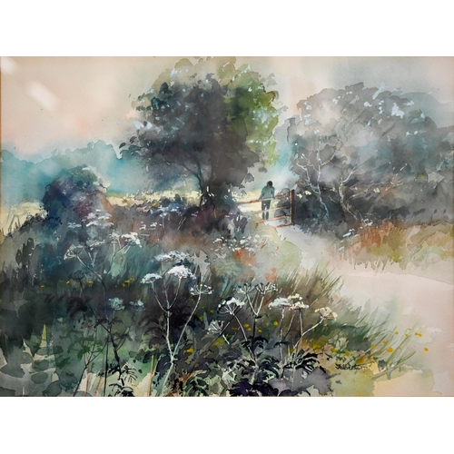 382 - #Wendy Jelbert - A trio of watercolour views - 'Reflections', 'Over the stile', and 'Country Walk', ... 