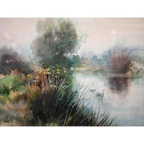 382 - #Wendy Jelbert - A trio of watercolour views - 'Reflections', 'Over the stile', and 'Country Walk', ... 