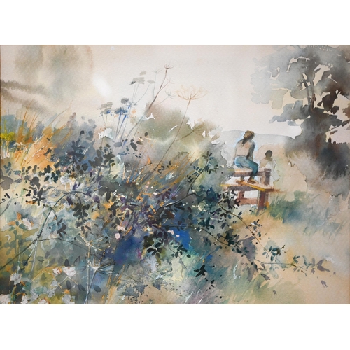 382 - #Wendy Jelbert - A trio of watercolour views - 'Reflections', 'Over the stile', and 'Country Walk', ... 