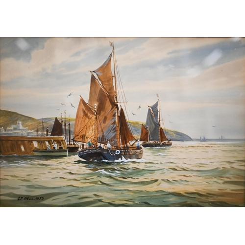 383 - #A D Bell - 'Silvery Sea' and 'Drying Sails', watercolour, signed and dated 1953, 25 x 35.5 cm (2)