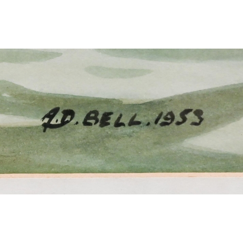 383 - #A D Bell - 'Silvery Sea' and 'Drying Sails', watercolour, signed and dated 1953, 25 x 35.5 cm (2)