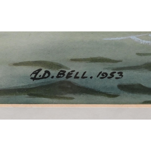 383 - #A D Bell - 'Silvery Sea' and 'Drying Sails', watercolour, signed and dated 1953, 25 x 35.5 cm (2)