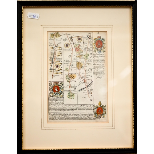 384 - #A hand-coloured map engraving of Sussex by Robert Morden, 18 x 23 cm; a map of Kent and an antique ... 