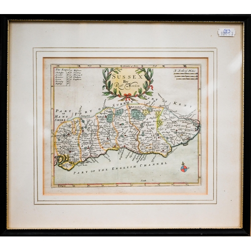 384 - #A hand-coloured map engraving of Sussex by Robert Morden, 18 x 23 cm; a map of Kent and an antique ... 